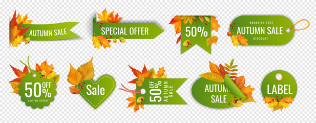 Fall sale stickers. Autumn promo badges, marketing promo labels. Discount tags with orange maple leaves. Seasonal shopping event with foliage. Special offer. Vector red and gold design isolated set