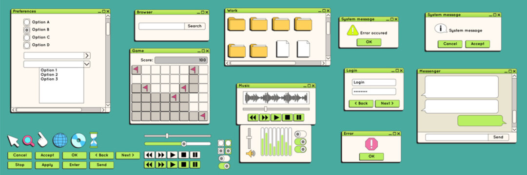 Retro UI. Frame message. Digital dialog boxes. Windows vintage browser. Computer old interface for web and desktop design. Y2K pop-up screen. Error notification. OS menu button. Vector elements set