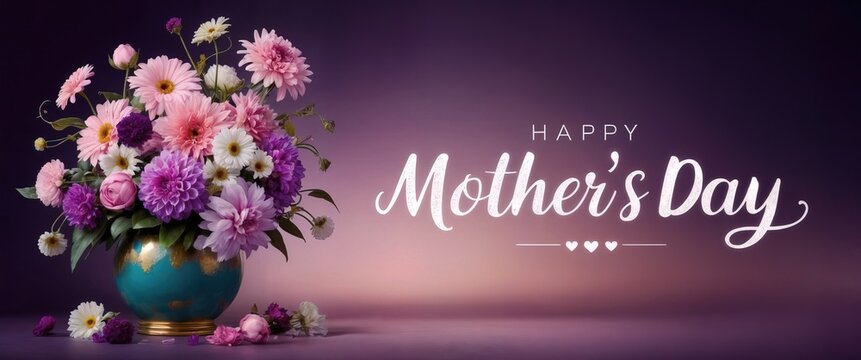 Banner with pink, purple, and white flower bouquet in teal vase on gradient purple-to-pink background with "Happy Mother's Day" in white script.
