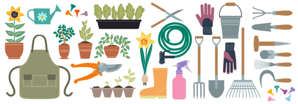 Gardening tools. Accessories for garden. Apron, gloves, watering can. Farmer equipment for planting. Flower spring, summer agricultural cultivation. Vector cartoon isolated horticulture illustration
