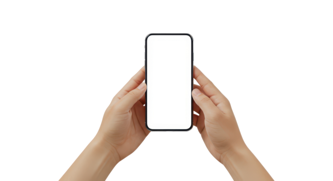 Smartphone Display Held in Hands: A pair of hands tenderly cradles a sleek smartphone, its screen radiating a soft glow against a crisp backdrop.