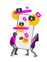 Vibrant poster with two people holding giant smartphone full of social icons. Concept of fun social engagement and digital attention, energetic mood, and playful digital teamwork.