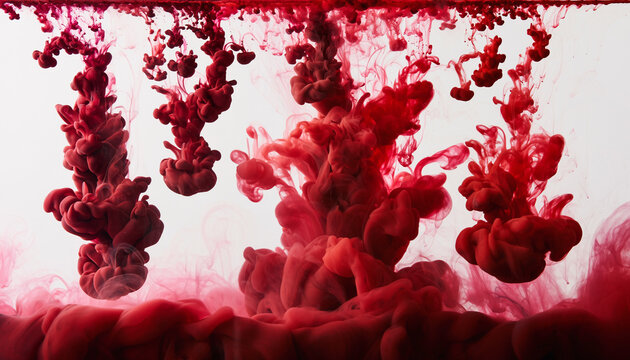Imagen hiperrealista de un fondo completamente blanco, con pintura roja cayendo desde la parte superior. La pintura se desliza en gotas y chorros, creando salpicaduras y efectos de fluido realistas