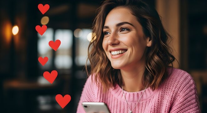Smiling woman with hearts using a smartphone in a cafe