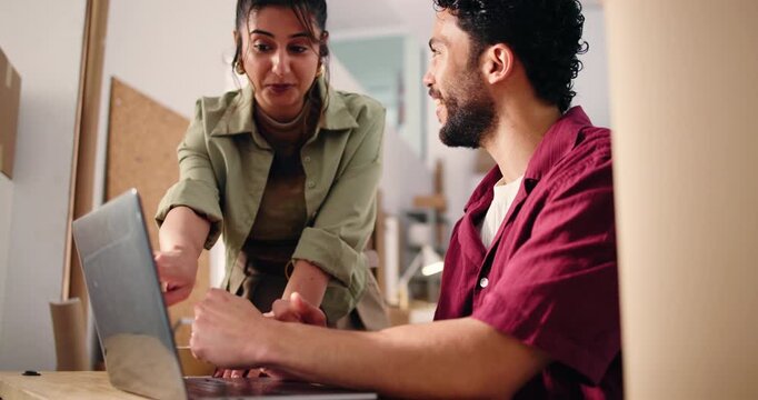 Startup, man and woman with laptop, distribution and planning for dropshipping on web or discussion. Warehouse, entrepreneurs and people with tech for delivery schedule, talking and supply chain
