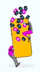 Bold poster of people struggling under massive smartphone overflowing with social icons. Concept of...