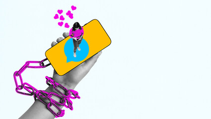 Conceptual collage of chained hand holding smartphone with girl standing on top and hearts floating. Concept of digital dependence, emotional attachment, and addictive social validation