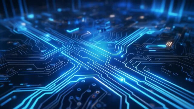 Close-up of a glowing blue digital circuit board with futuristic neon lines and connections. Concept of technology, innovation and electronic infrastructure