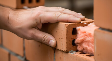 Close Up of a Hand Laying a Brick in a Wall Construction Project