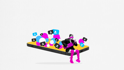 Surreal composition of person sitting on smartphone surrounded by floating social icons and typing blindfolded. Concept of digital distraction, distorted online focus, and sensory overwhelm.