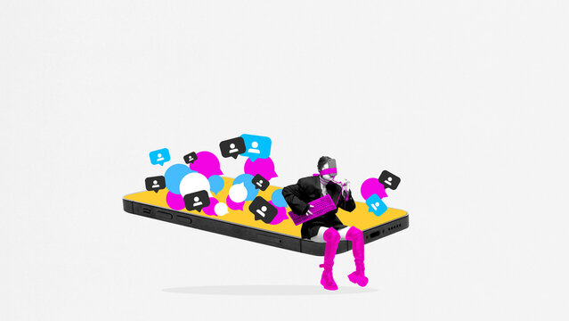 Surreal composition of person sitting on smartphone surrounded by floating social icons and typing blindfolded. Concept of digital distraction, distorted online focus, and sensory overwhelm.