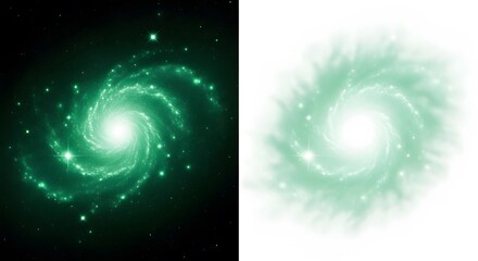 Green spiral galaxy illustration cosmic nebula with stars isolated on white and black backgrounds