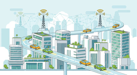 smart city concept with connected buildings, electric cars, and wireless network