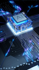 Neural processor with neon pathways 3D render