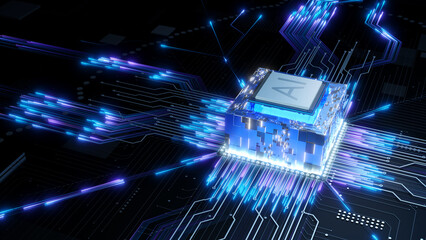 AI processor with glowing data lines 3D render