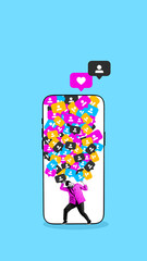 Bold poster of man struggling under giant smartphone overflowing with colorful social...
