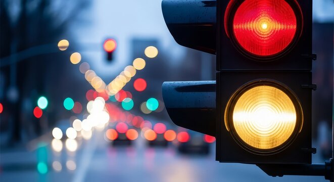 A traffic light showing red and yellow with blurred city lights in the background at night time view - Powered by Adobe