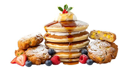 Stack of delicious pancakes with fruit and syrup isolated on transparent background