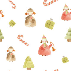 Watercolor Christmas Seamless Pattern with Cute Winter Characters
