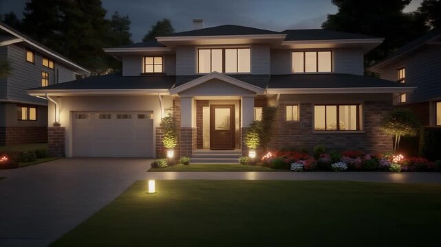 Modern luxury two-story suburban house exterior at night with illuminated windows