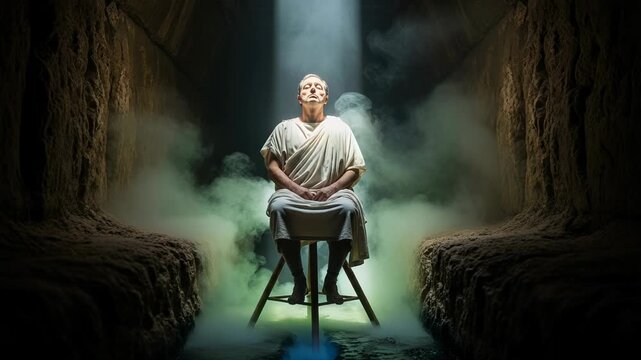 Pythia the ancient Greek oracle seated on a tripod above the chasm with ethereal vapors rising gently