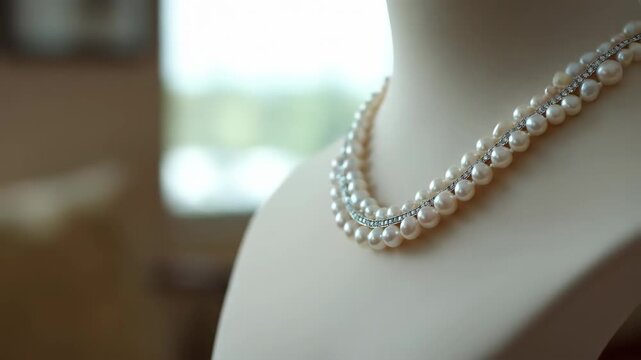 Double strand pearl and rhinestone necklace on mannequin jewelry display luxury elegant accessory