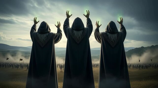 Celtic druids casting spells in a mystical landscape with swirling smoke and hand gestures