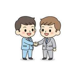 Cute cartoon businessmen in suits shaking hands, representing a friendly business partnership, deal, and agreement. Vector character illustration isolated on a white background