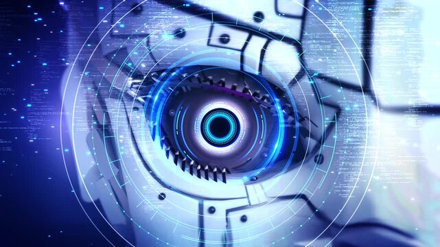 Animation Digital robotic eye Artificial intelligence scans information. High technology future. future digital vision technologies, security biometrics. HUD planet earth Global interfaces hologram 3D - Powered by Adobe