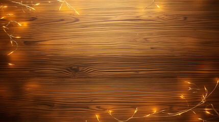Warm, glowing fairy lights frame a rustic wooden surface, creating a cozy and inviting background with soft, blurred bokeh effects.