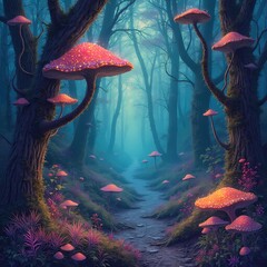 Enchanted forest with glowing mushrooms and winding path at dawn  