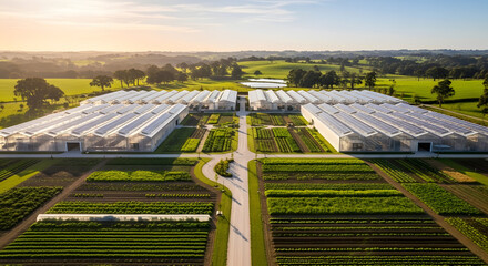Aerial view of a large modern greenhouse complex with surrounding agricultural fields at sunrise