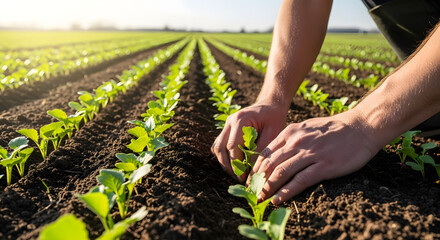 Closeup of hands planting young seedlings in neat rows on a sunny farm field