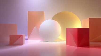 Fototapeta premium Elegant geometric shapes bathed in soft gradient light create a modern abstract backdrop for product display or design concepts.