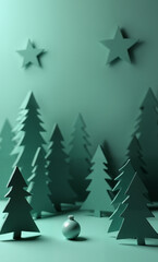 Obraz premium Festive green papercut trees and stars create a whimsical holiday scene with a shiny ornament.