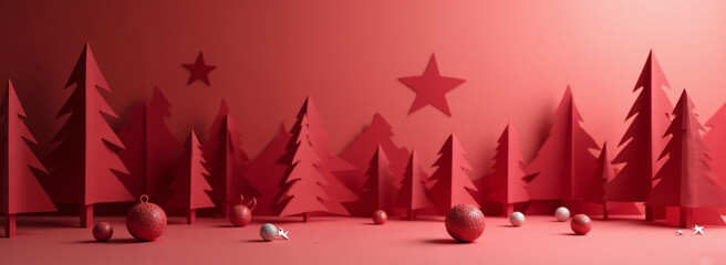 Festive red papercut trees and ornaments create a whimsical holiday scene.