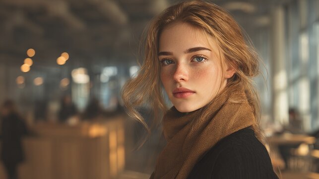 Captivating young woman with striking blue eyes and freckles gazes introspectively in a warm, softly lit modern cafe setting. - Powered by Adobe