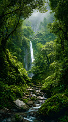 Vibrant Waterfall Hidden Deep in the Rainforest &ndash; Lush Tropical Foliage, Cascading Waters, and Enchanting Jungle Scenery