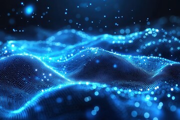 Abstract flowing mesh wave surface with a bright blue light burst. High-speed network data transfer and signal flow. Futuristic technology background illustrating connected ...