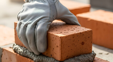 Bricklayer s Hand Laying Red Brick with Protective Glove Construction and Building Concept