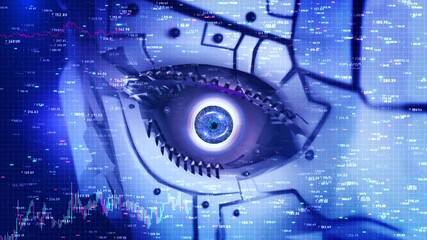 Data processing binary coding Robot eye. online identity Digital interface human eye, technology integration animation. innovation, biometrics cyber futuristic digital transformation, reality 3D 4K - Powered by Adobe
