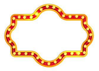 Rectangle marquee circus light sign. Carnival frame and casino board glow. Retro cinema bulb border in gold vintage style for theater show or broadway poster. Blank billboard isolated on background.