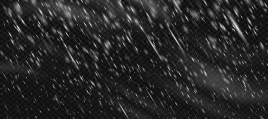 Snow snowstorm blizzard with transparent white falling snowflake overlay png effect. Holiday frozen texture for night storm sky. Isolated realistic snowy and wind pattern on black backgroun © Mariia