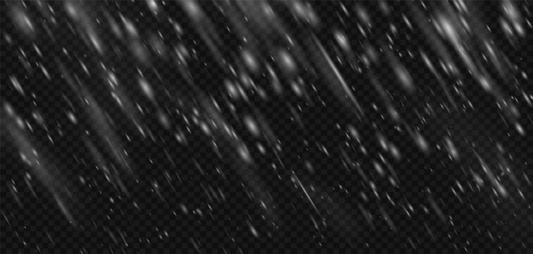 Snowstorm snow effect blizzard with transparent falling snowflake overlay on black background. Winter white frozen texture for ice storm or cold sky. Isolated png flake frost snowy pattern realistic