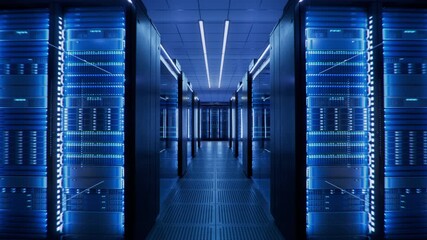 Moving through Corridor with Server Cabinets Lit by Blue Light Inside Large Modern AI Datacenter for LLM, ML, Artificial Intelligence Training. Data Center, Supercomputer and Advanced Cloud Computing. - Powered by Adobe