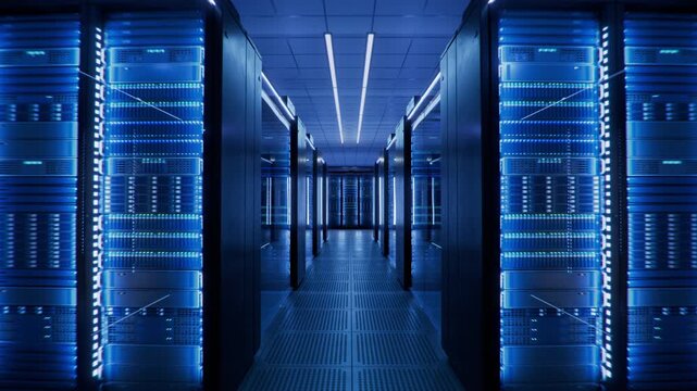 Moving through Corridor with Server Cabinets Lit by Blue Light Inside Large Modern AI Datacenter for LLM, ML, Artificial Intelligence Training. Data Center, Supercomputer and Advanced Cloud Computing.