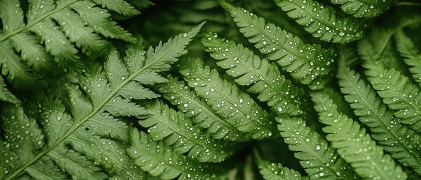 Close up of lush green fern leaves with delicate water droplets scattered across the fronds in a serene forest setting. - Powered by Adobe