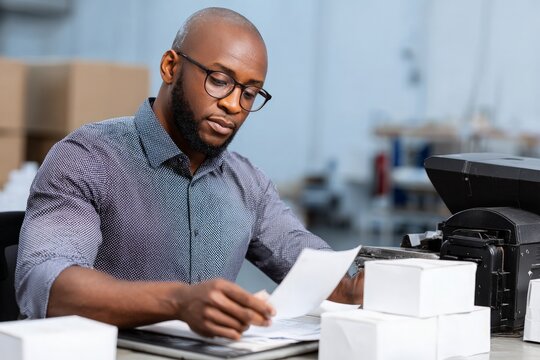 African American man reads important documents at desk, focused on paperwork and packages.
