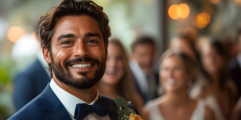 Smiling man in a suit with guests during a wedding celebration at an elegant venue in the evening light Generative AI