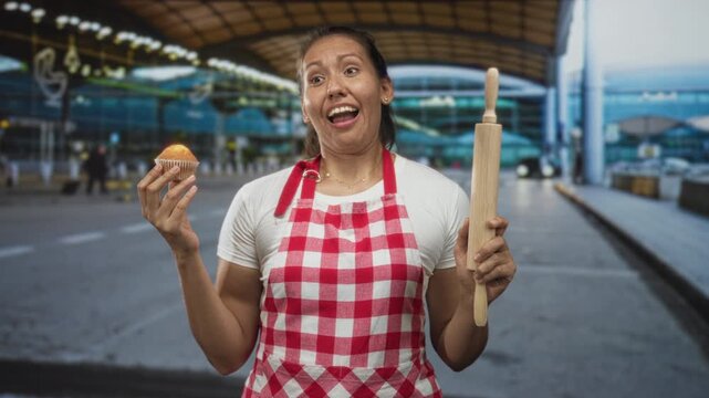 Young latin woman cook holding rolling pin and muffin, grimacing at airport terminal outdoors; kitchen humor surprise.